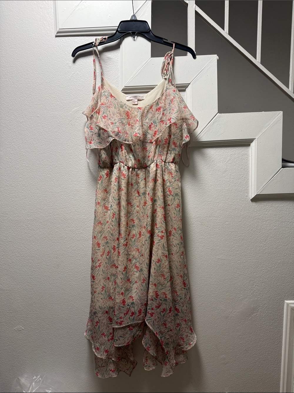 Women’s Floral High-Low Spaghetti Strap Dress - Cream with Coral Floral